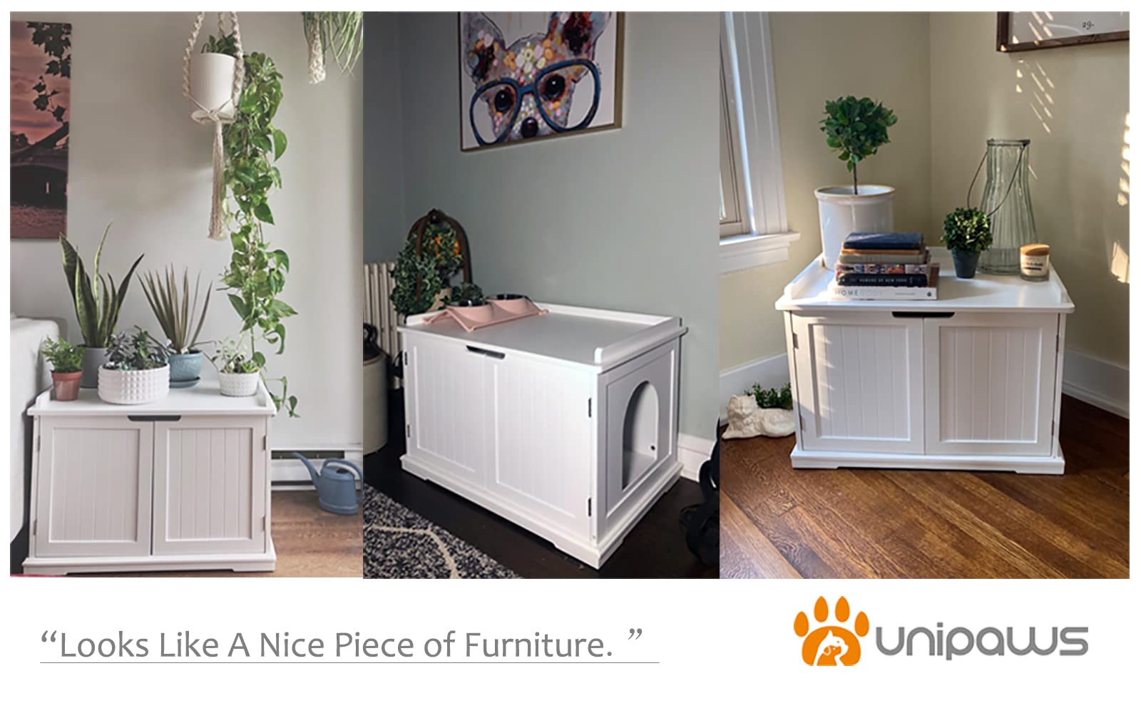 unipaws Designer Cat Washroom Storage Bench, Litter Box Cover, Sturdy Wooden Structure, Spacious Storage, Easy Assembly, Fit Most of Litter Box, White