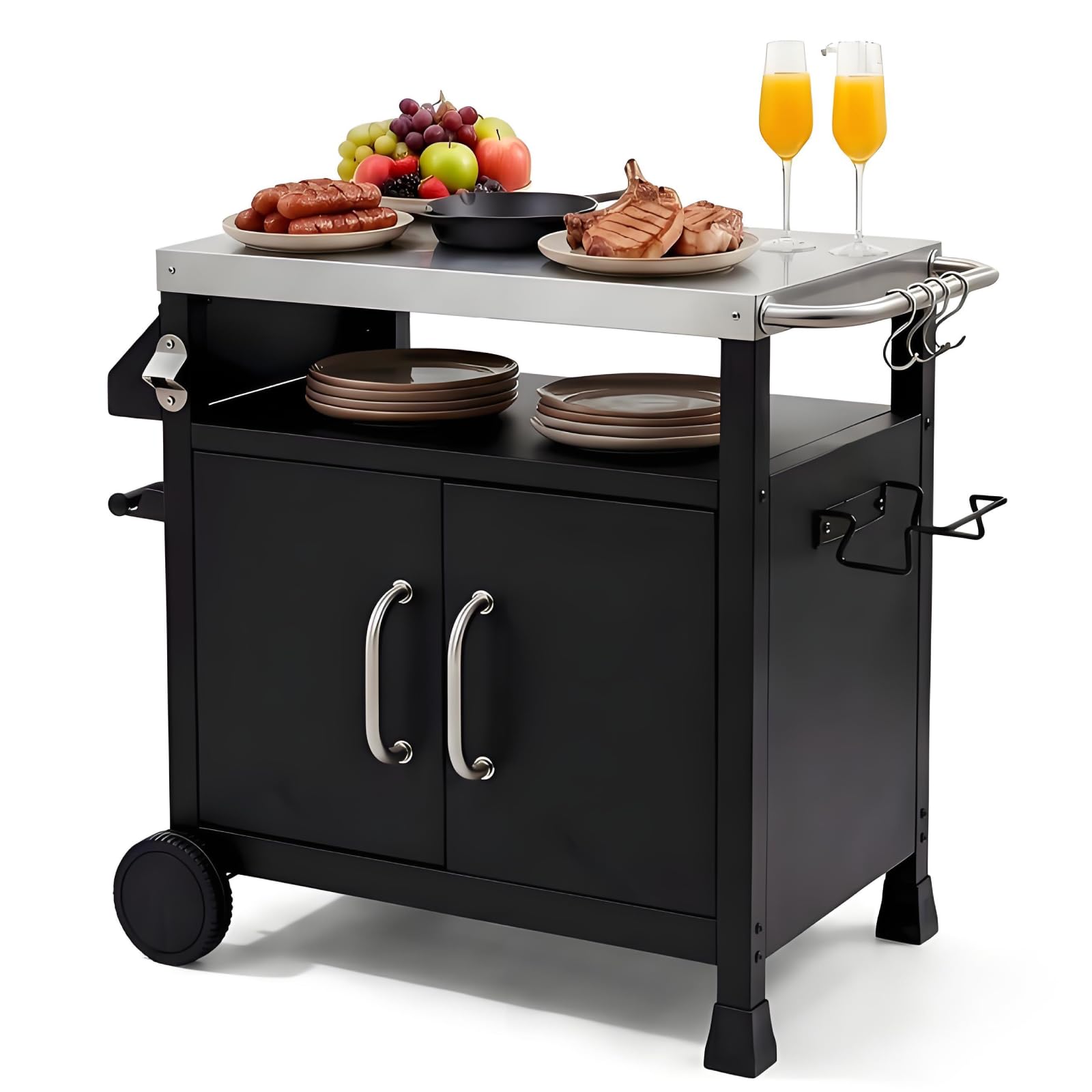 TLSUNNY Grilltisch Outdoor mit Edelstahl Tischplatte | Grillwagen mit Unterschrank, Servierwagen mit 2 Rollen, für Garten, Terrasse, Balkon, Partys, BBQ Beistelltisch