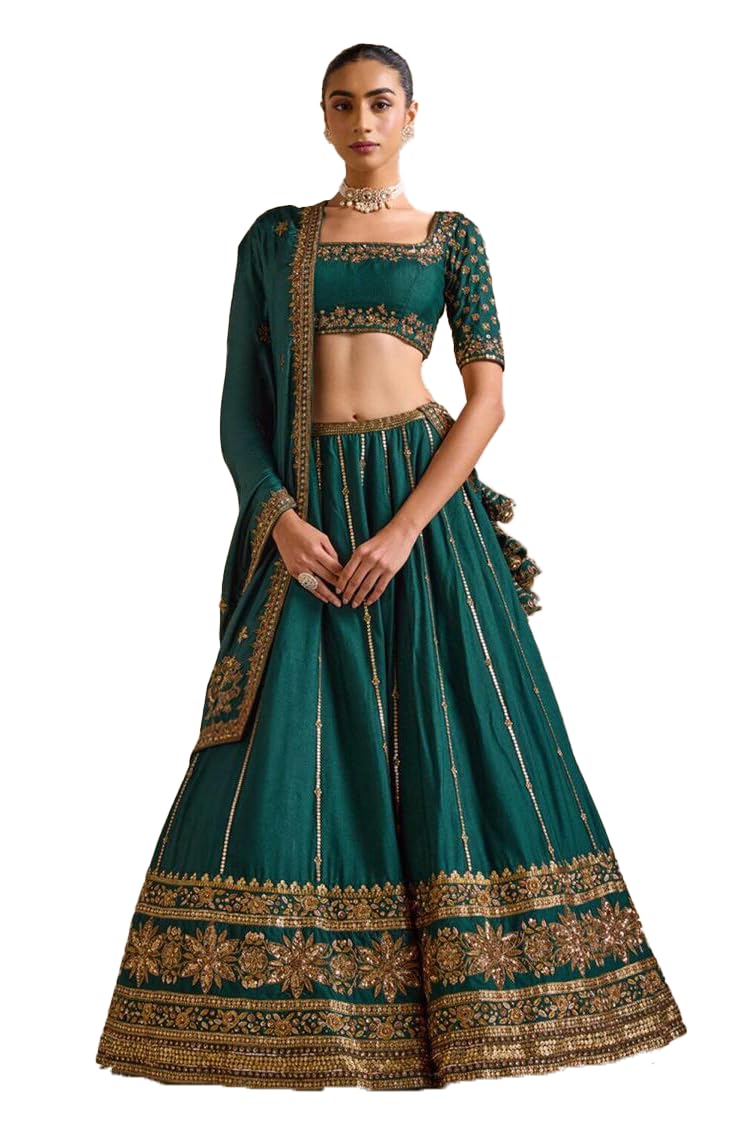 Dark Green Vichitra Silk Sequence Embroidery Work Semi- Sttiched Lehenga Choli Set For Women's-JH254GRN