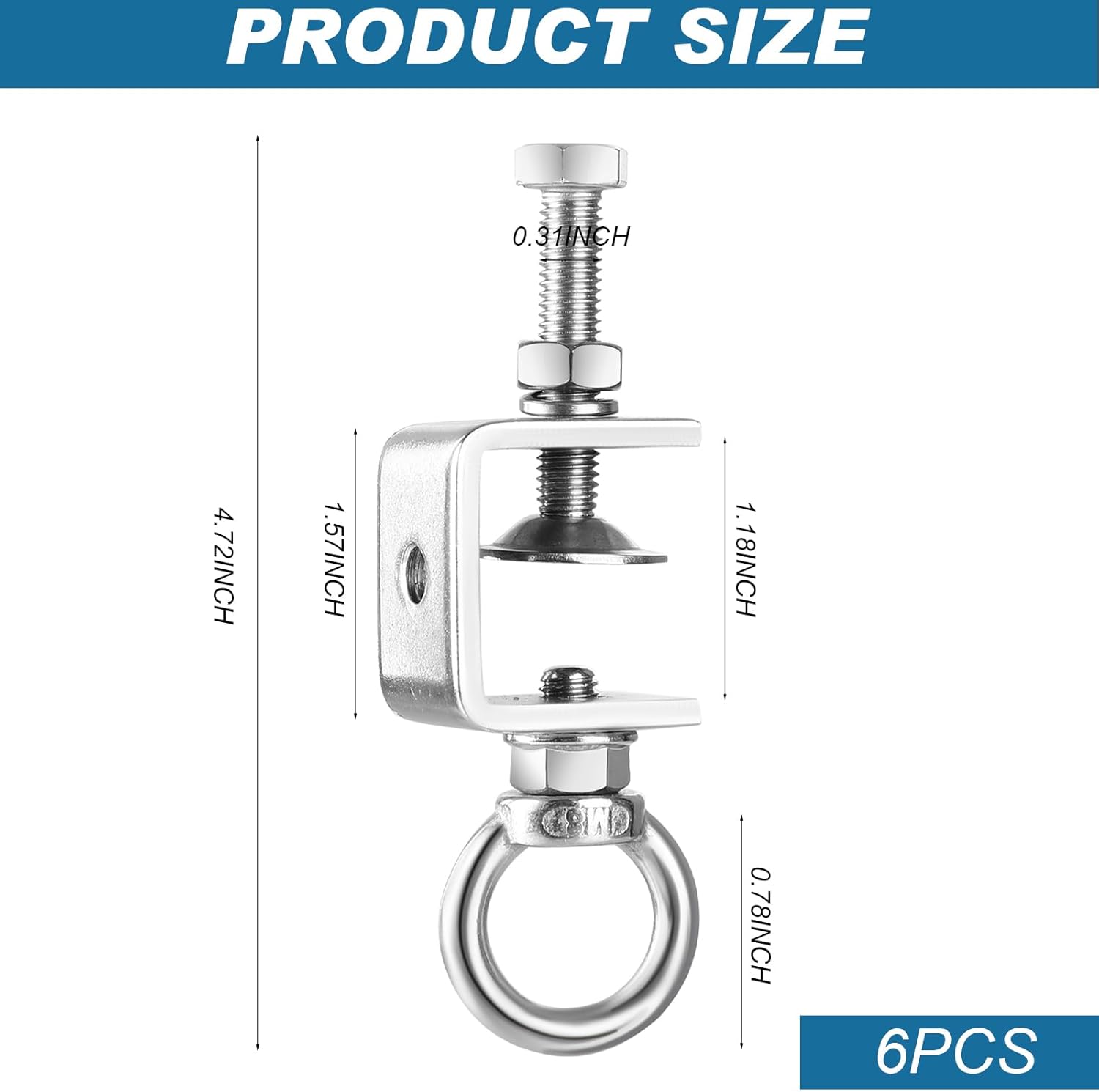 6PCS C-Clamps, Stainless Steel Beam Clamp with M8 Stainless Steel Screw Ring, I-Beam Design Cable Hangers Universal Desk Clamp Conduit Hanger for Metal Mounting Household