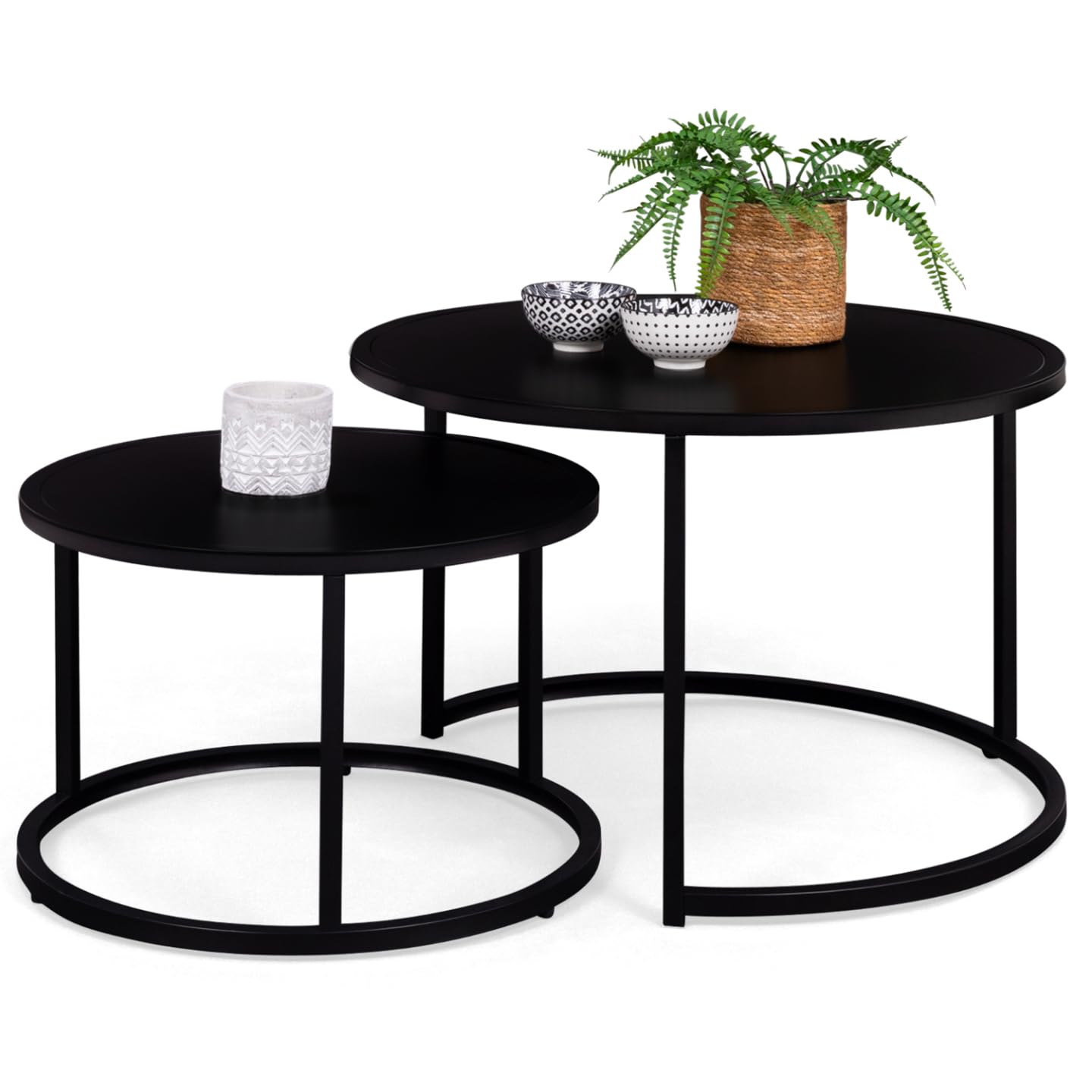 IDMarket Davis – Juego de 2 mesas bajas anidadas redondas 54/70 de metal negro mate diseño industrial