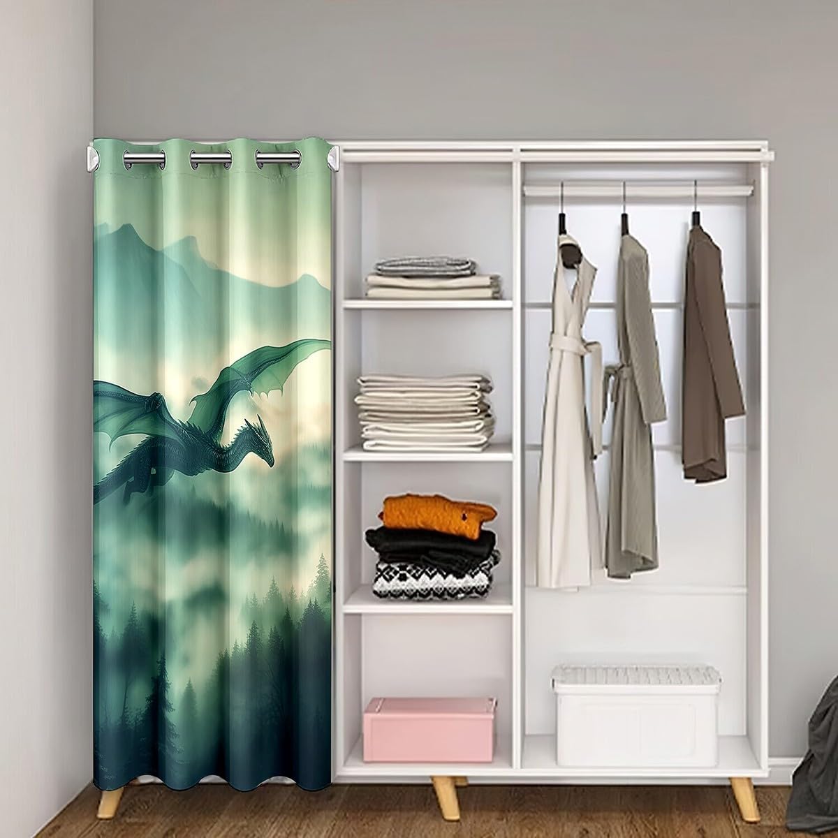 Flying Dragon Doorway Curtain Privacy,1 Panel 34" W X 80" L,Western Dragon Animal Decor Door Curtain for Kids Teens Adults,Watercolor Green Jungle Trees Door Drape for Clost