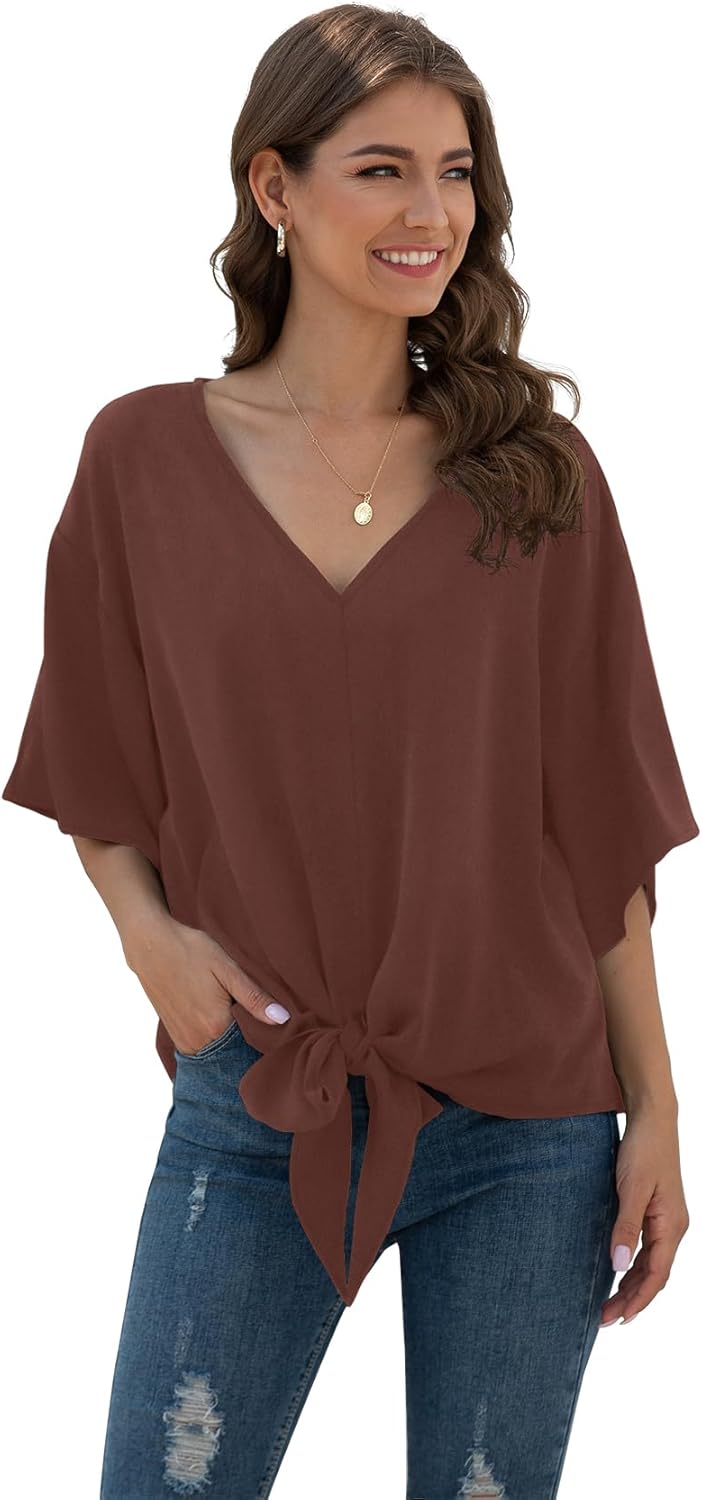 VIISHOW Womens Tie Front Chiffon Blouses V Neck Batwing Short Sleeve Summer Tops Shirts - Image 2