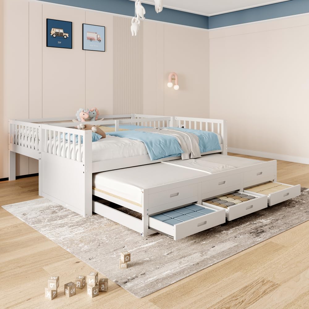 Litera infantil de 90x200cm con escalera, cama extraíble y 3 cajones, estructura de pino y MDF, barandilla alta, convertible en 2 camas individuales, colchón no incluido, Blanco
