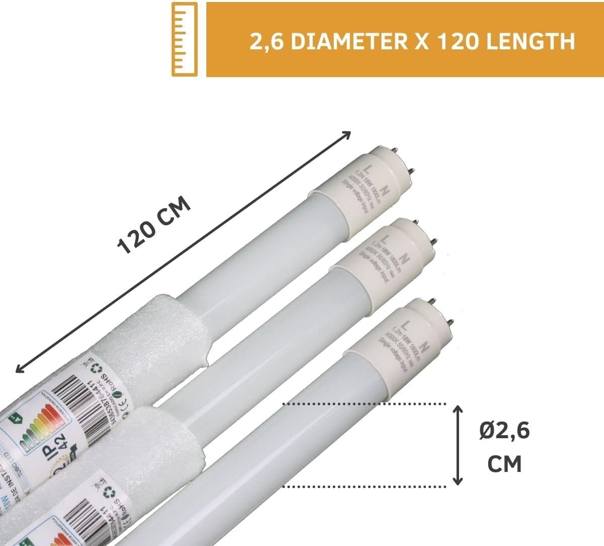 Jandei - Lot de 10 tubes LED 120 cm 18 W, blanc froid 6 000 K, 2520 lumens, connecteur standard T8 G13, remplace néon fluorescent 36 W, starter LED inclus, connexion 1 côté