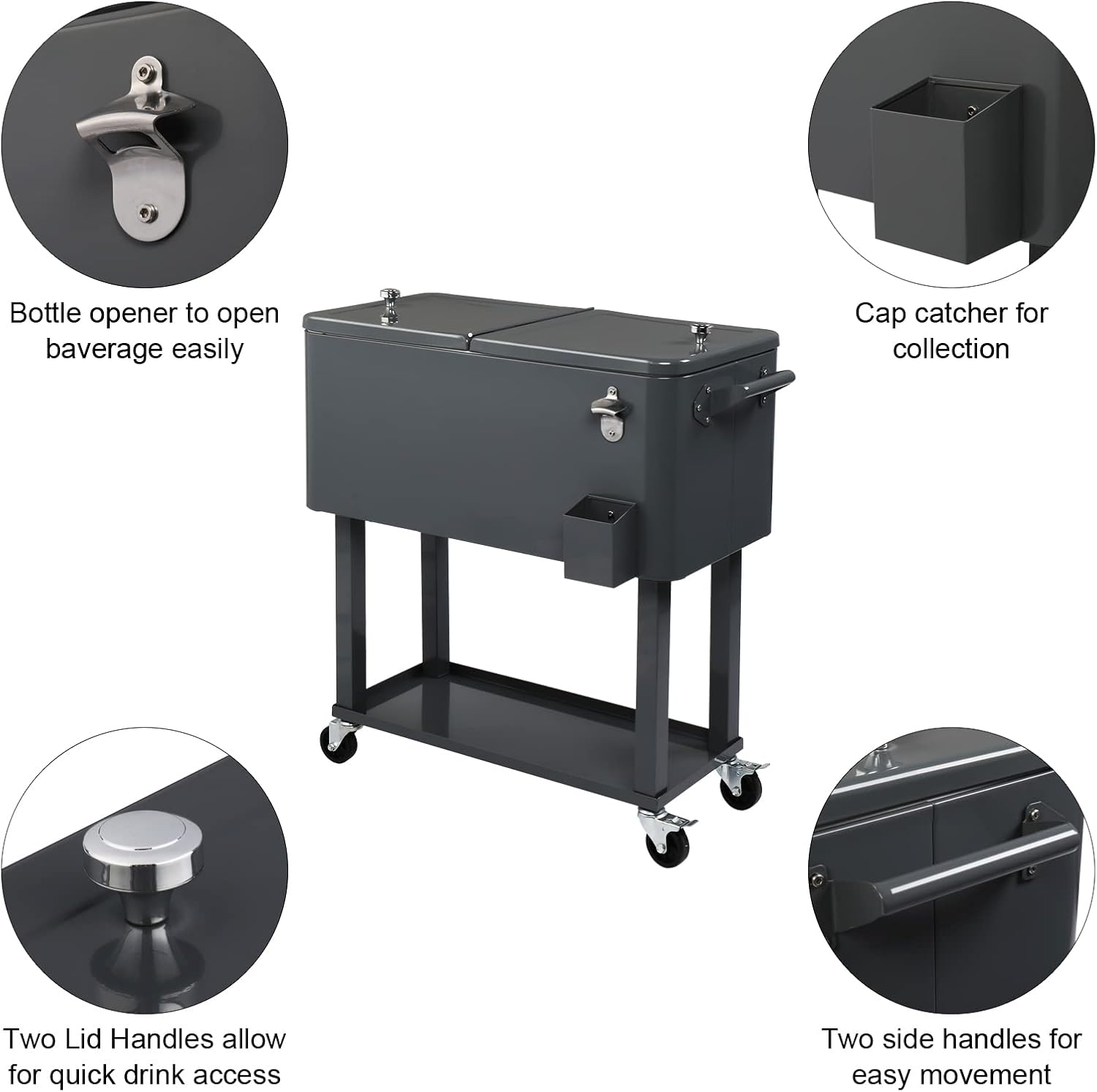 Rolling Patio Cooler Cart with Wheels and Storage Shelf, Insulated Outdoor Beverage Drink Rattan Design Cooler with Bottle Opener for Backyard, Pool, Tailgate Party