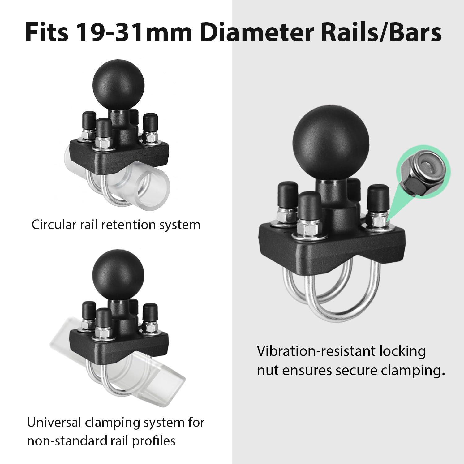 1,5 Zoll AMPS Halterung mit Doppel-U-Bolzen-Basis für 19-31mm Rohre/Reling, C-Größe Halter aus Marine-Aluminium für Gabelstapler, LKW, Boot & Traktor, kompatibel mit RAM Mounts