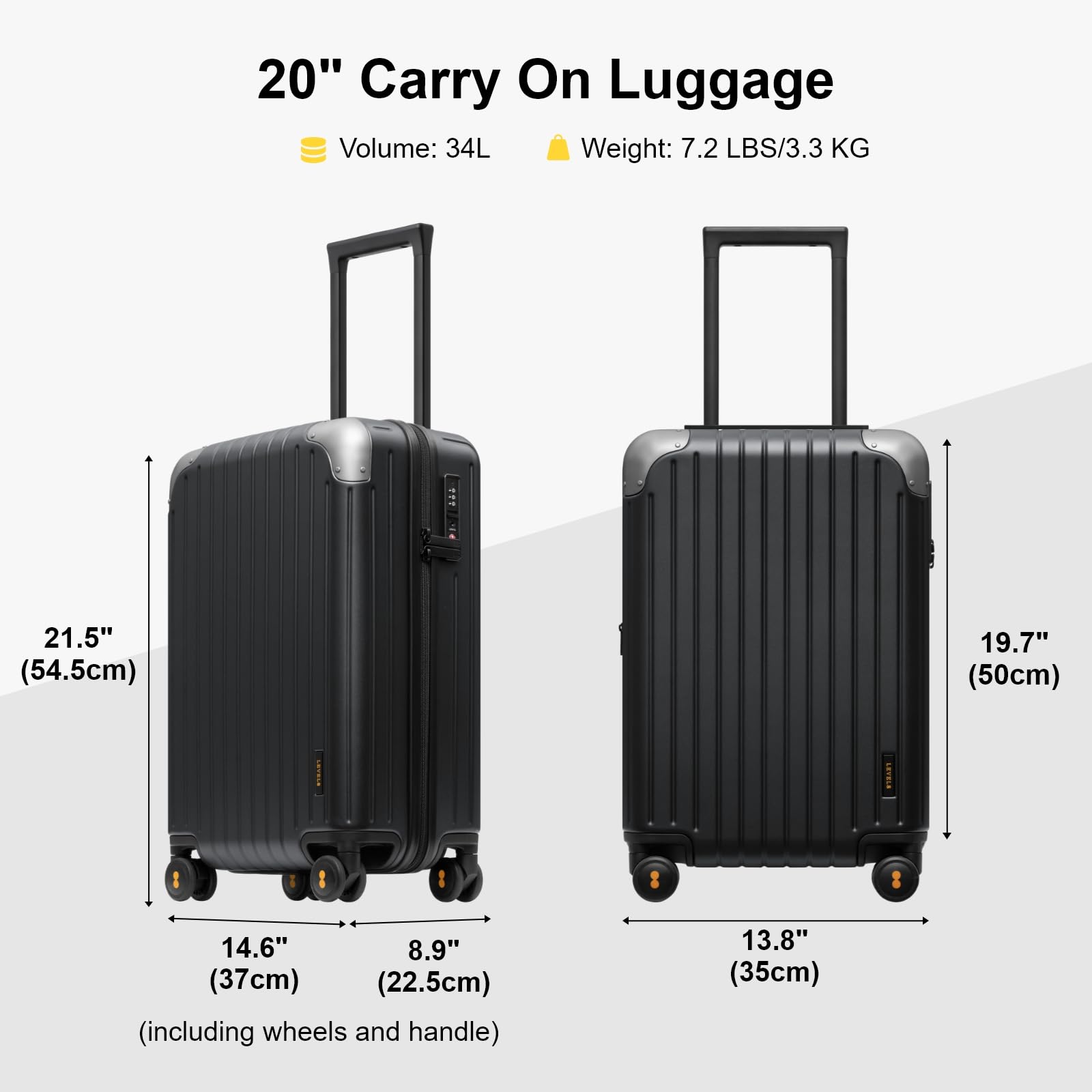 LEVEL8 Maleta Cabina Rígido Ligero ABS+PC TSA 4ruedas 55x37x23cm,34L, Negro | 4ruedas Silenciosa,Policarbonato
