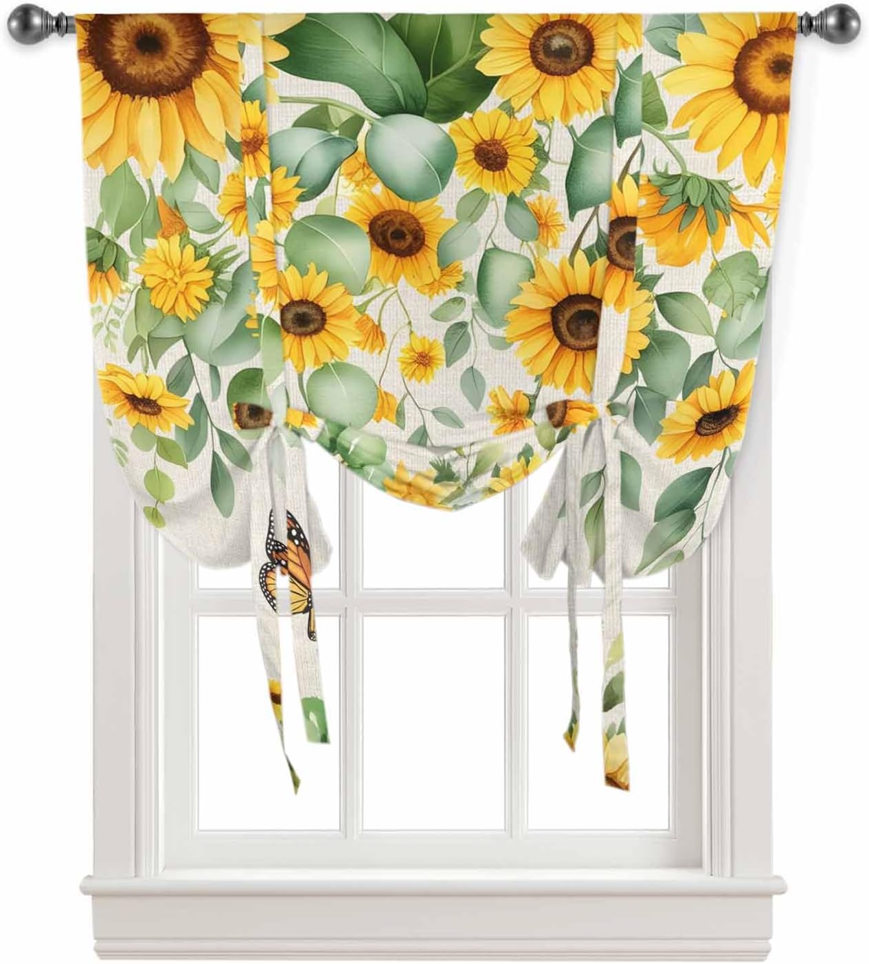 Tie Up Curtains for Windows 46 Wide Tie Up Curtains Polyester Tie Up Valance Country Sunflowers Eucalyptus Leaves on Burlap Balloon Window Shade Curtains for Kitchen Bathroom Small Windows 46"x63"