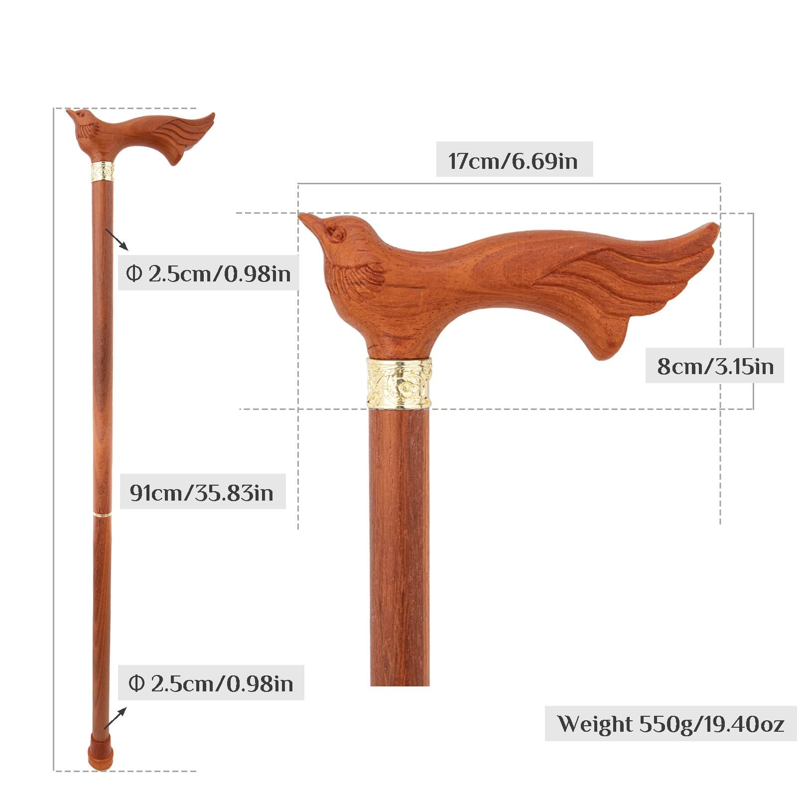 Bastone da Passeggio in Legno Con Uccello Rosso 91 Cm, Bastone Smontabile Unisex, Manico Ergonomico e Punta in Gomma Antiscivolo