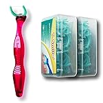 T.Smile NoFuss Dental Flosser Kit, 5-inch Long Handle & Refill Heads, Extra-Strength Floss for Comfortable Clean, Fluoride Free (1 Red Handle + 100 Refills)