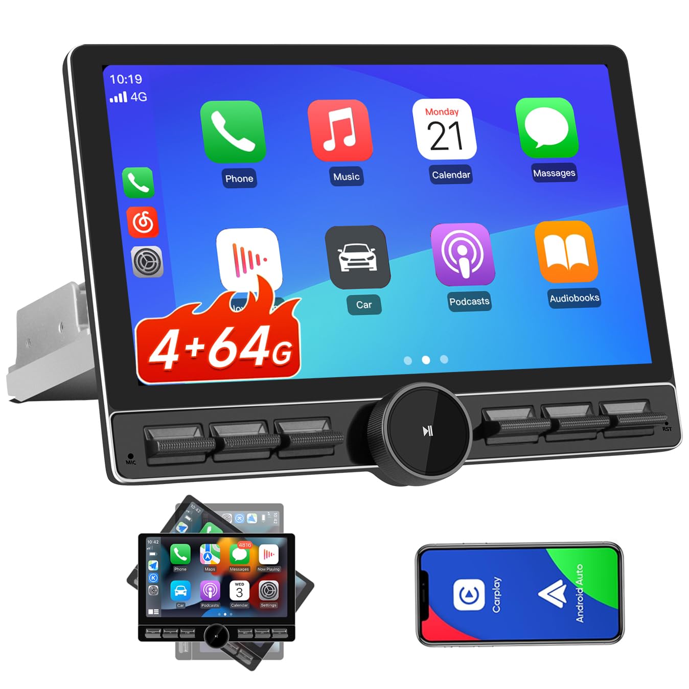 10.6 Inch Android 13 Single Din Car Radio [4GB RAM + 64GB ROM] with Wireless CarPlay & Android Auto, 4G, Knob Button, GPS, DSP, WiFi, Bluetooth, SWC
