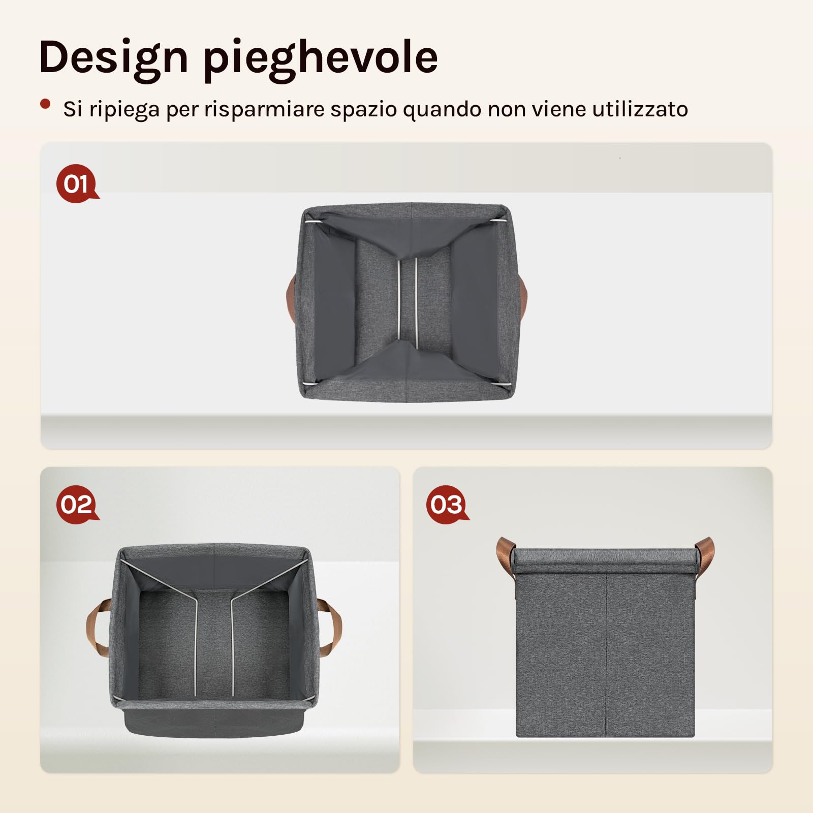 WOLTU Scatole Contenitori Pieghevoli Set di 5, Cubi in Tessuto con Coperchio, Manico e Struttura in Metallo, Organizer per Scaffale e Armadio, Grigio, 30x30x29cm
