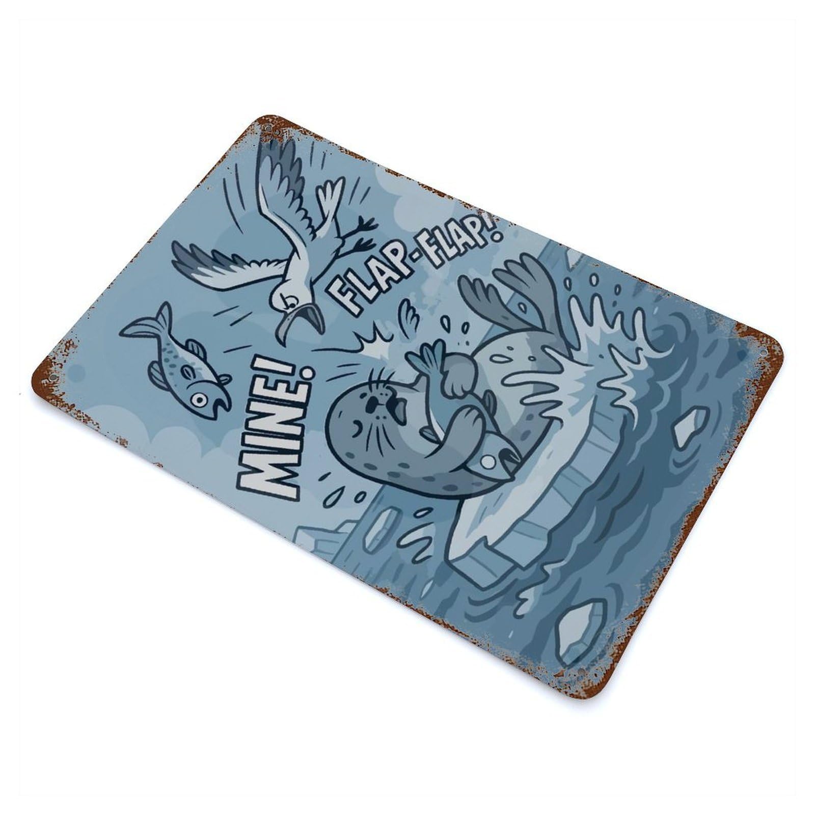 Garage Style Cartoon Seal And Seagull Fish Dispute Rusty Metal Tin Sign 11.8"x7.9", Industrial Home Decor for Bar And Workshop