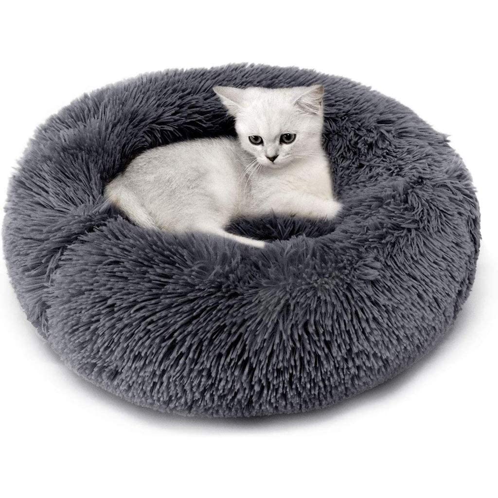 سرير مخملي للكلاب والقطط، سرير حيوانات اليفة ناعم منفوش مضاد للقلق بنمط دونات من الفرو الصناعي المخملي، قاعدة دائرية غير قابلة للانزلاق، قابل للغسل للكلاب S وM والقطط (رمادي داكن، 40 سم) من اكس فاكري