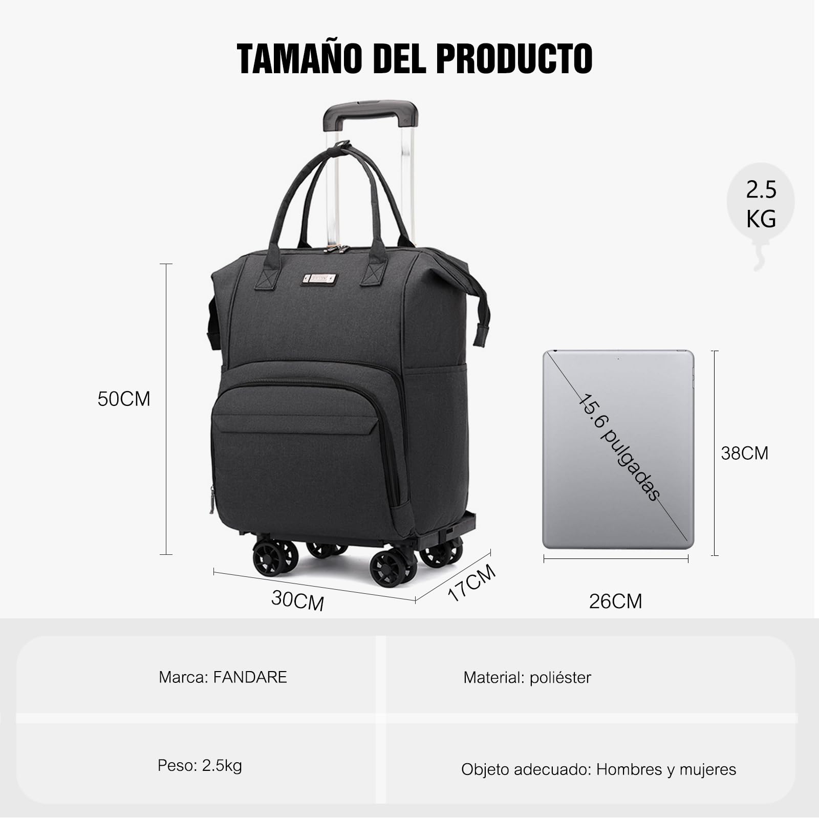 FANDARE 3-en-1 Mochila Carrito Convertible Carro de Compras Plegable & Equipaje de Cabina Hombre Mujer Carritos de la Compra, Bolsa de Viaje Ligera Negocios (Tamaño Aprobado por aerolíneas) Negro