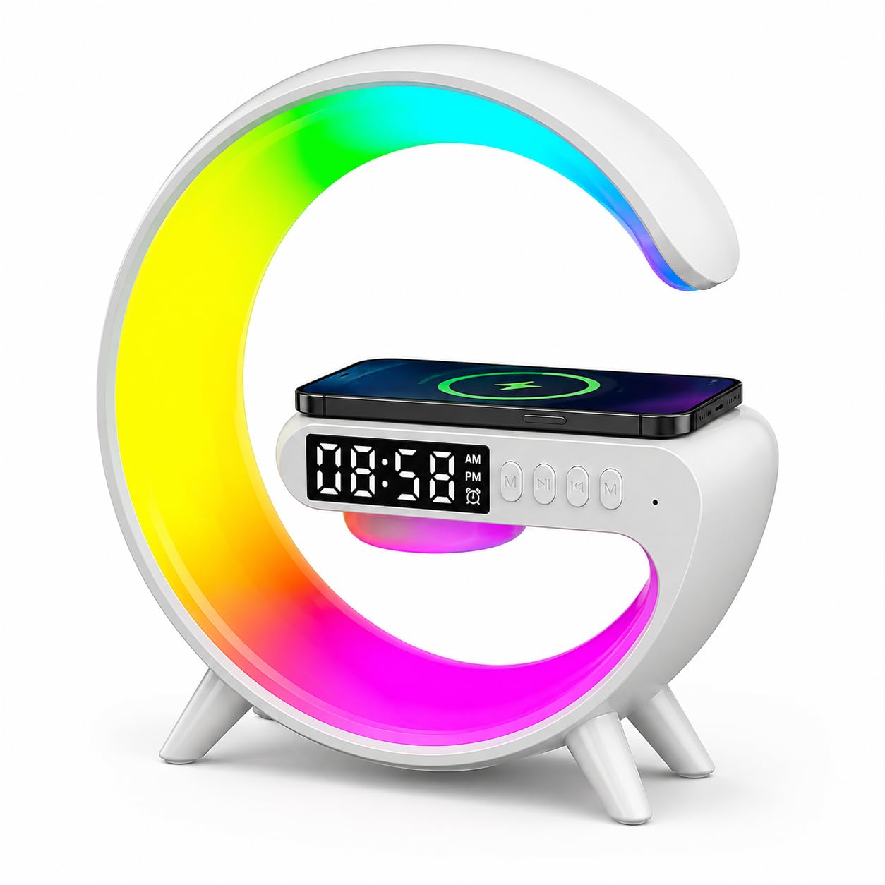 5-in-1 rgb led desk lamp with wireless charging & bluetooth speaker | digital alarm clock, 7-color led mood light, rechargeable, bedroom & office use, usb table lamp