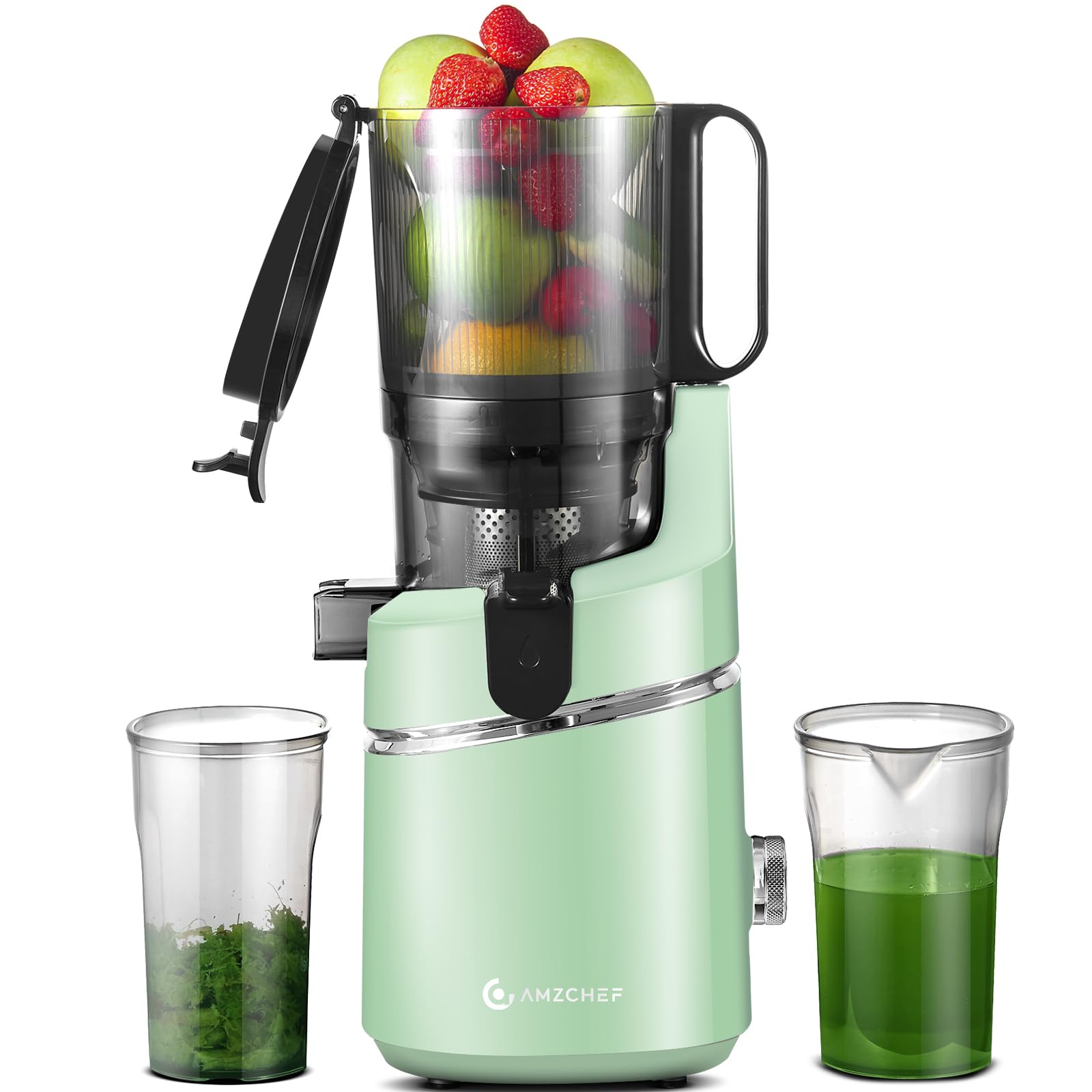 AMZCHEF Extracteur de jus automatique 250W 135mm 1,8L mains libres fruits légumes entiers lent triple filtre Vert