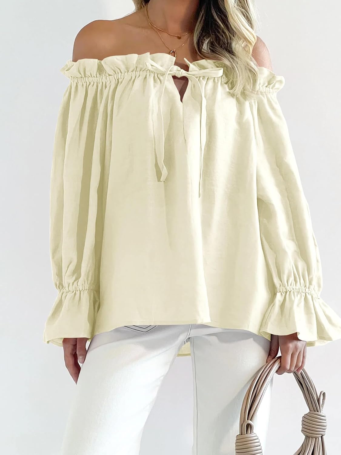 Imily Bela Womens Off The Shoulder Tops Puff Long Sleeve Tie Front Loose Fit Ruffle Shirts Blouses - Image 4