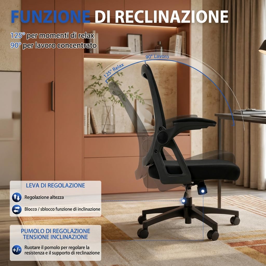 Sedia Ufficio Ergonomica, Sedia da Scrivania in Rete Traspirante con Supporto Lombare, Braccioli Ribaltabili a 90°, Altezza Regolabile, Inclinabile, Girevole 360°, Portata 130 kg, Nera