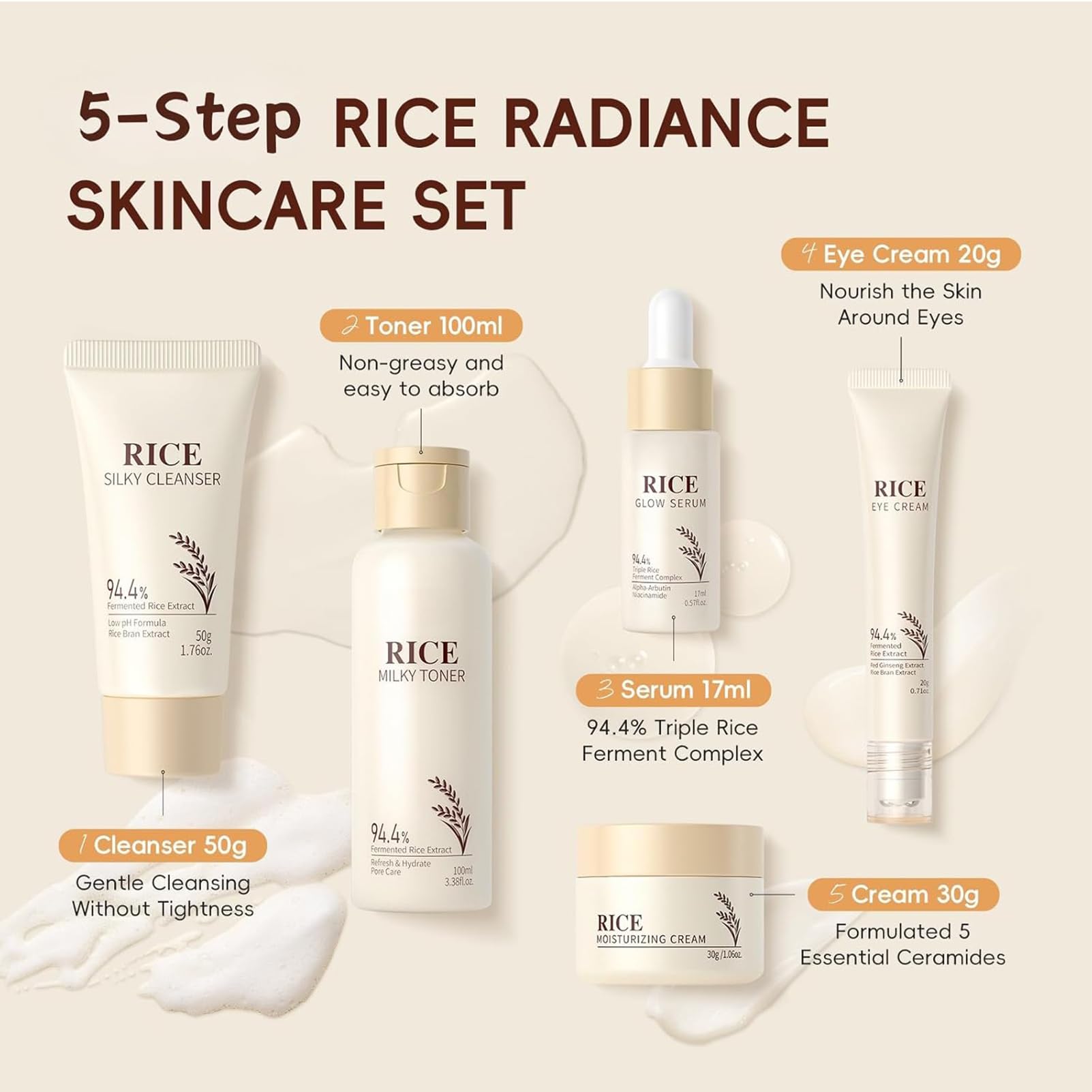 Korean Skincare Set,Rice Skin Care Sets & Kits,Glass Skin Care Gift Set including Cleanser,Toner,Serum,Cream,Eye Cream,Glowing ,Hydrating - Image 4