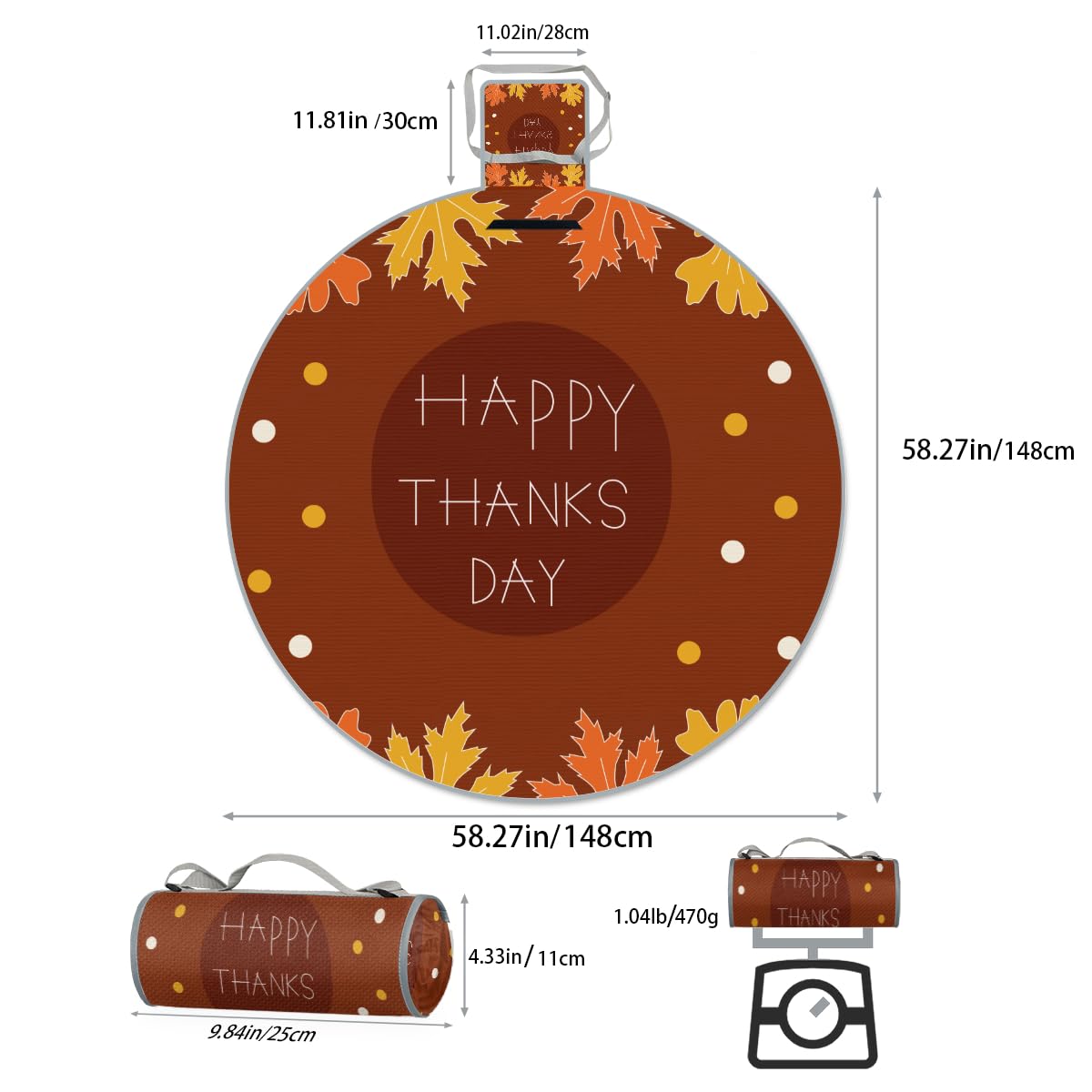 Shimoshe Fall Thanksgiving Maple Leaf Picnic Outdoor Blanket Foldable Waterproof Sandproof Beach Blanket Portable Water-Resistant Round Picnic Mat for Travel Camping Park Lawn