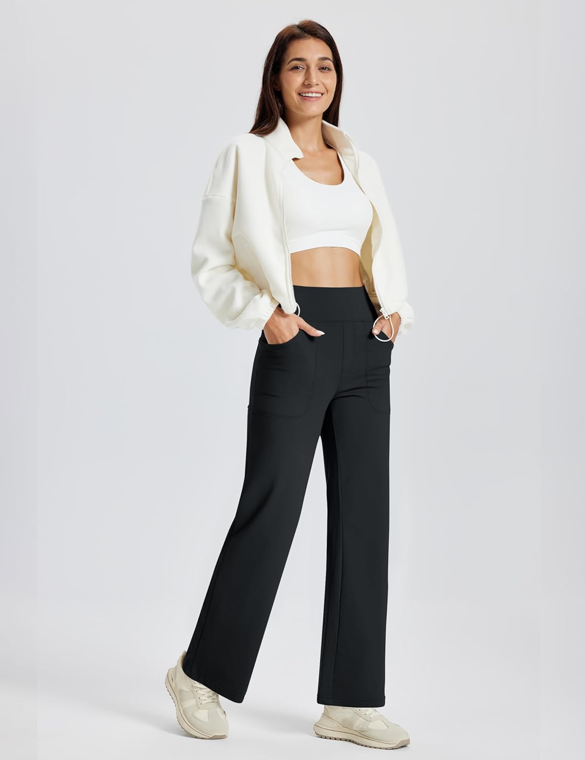 MAGCOMSEN Women's Fleece Lined Pants with Pockets Wide Leg High Waisted Work Pants Winter Thermal Casual Yoga Sweatpants - Image 3