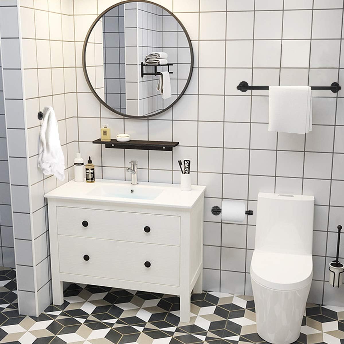 Industrial Pipe Bathroom Hardware Accessory 3 Piece Set with 18" Towel Bar, Robe Hook and Toilet Paper Holder Black