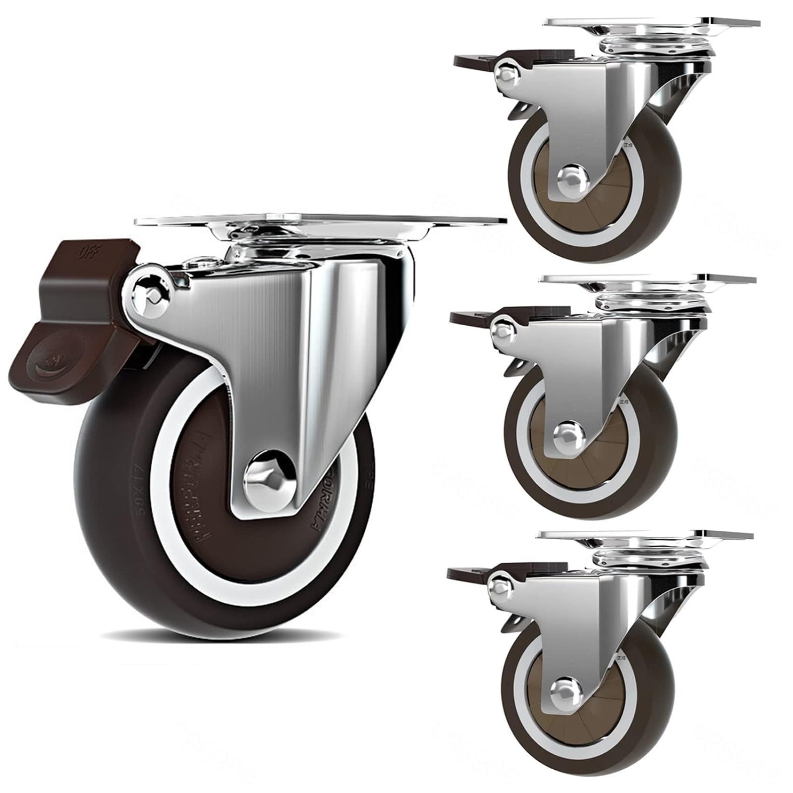 ZGUOUZANTYE Swivel Furniture Castors With Brake 1.5 2 Inch Combo Set Brown Soft TPE Rubber Wheel 4 Pack 220Lbs Load Capacity(Brake,1.5in)
