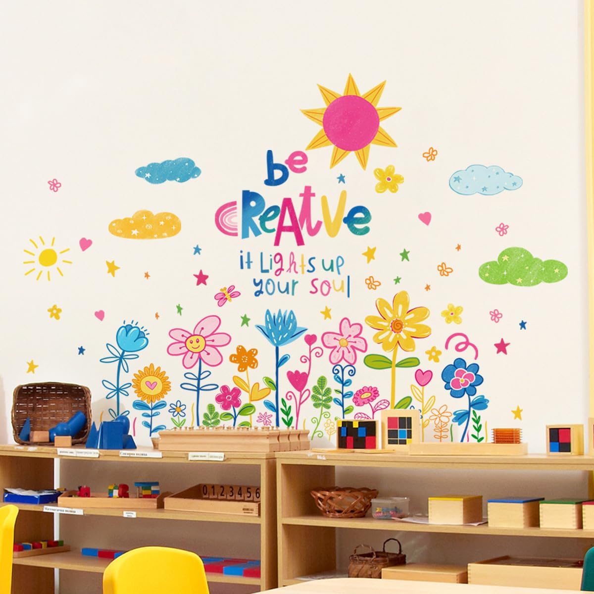DIY Cute Cartoon Colorful Flower Wall Stickers Sun Cloud and Star Vinyl Wall Decals for Children's Room Bathroom Classroom
