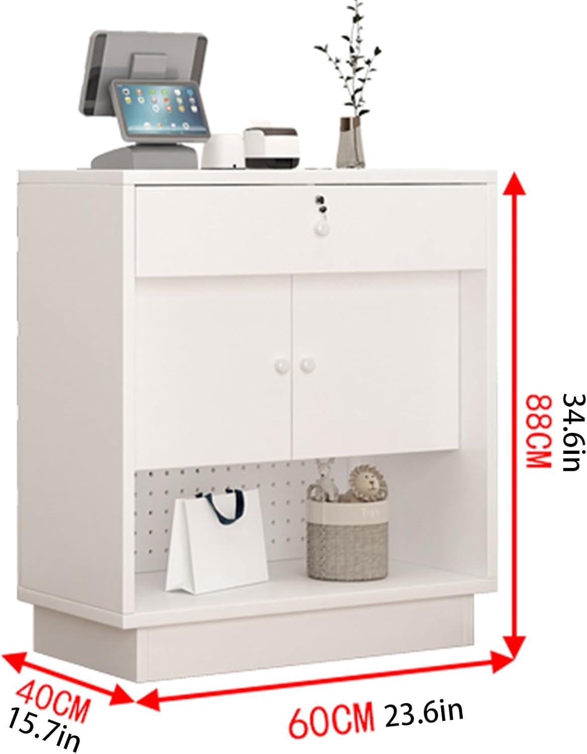 Reception Desk, Front Counter with Perforated Plate, Checkout Counter with Lockable Drawers, Reception Table for Salon Reception Room(Pink)