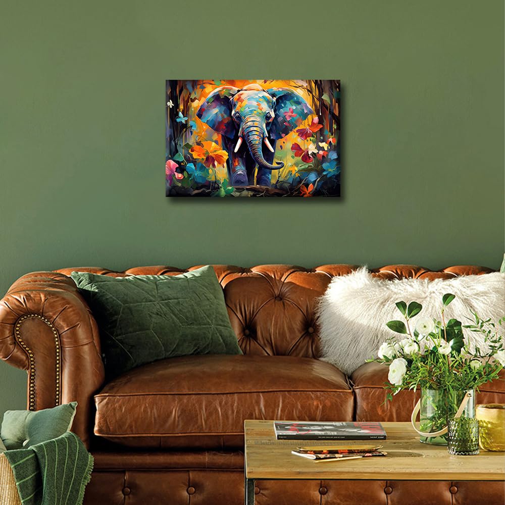 TISHIRON Living Room Wall Decor Elephant Oil Painting Canvas Wall Art Idea for Children Room Wall Decor Poster Wood Framed Prints for Farmhouse Home Decor 12x18 in - Image 3