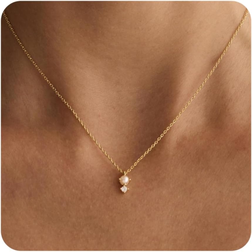 SWRNR Gold Necklace for Women, Dainty 14K Gold Plated Pendant Necklaces for Women Trendy Simple Choker Chain Cubic Zirconia Circle/Interlocking/Sun/Pearl Necklace Fashion Jewelry Charm Gifts for Her