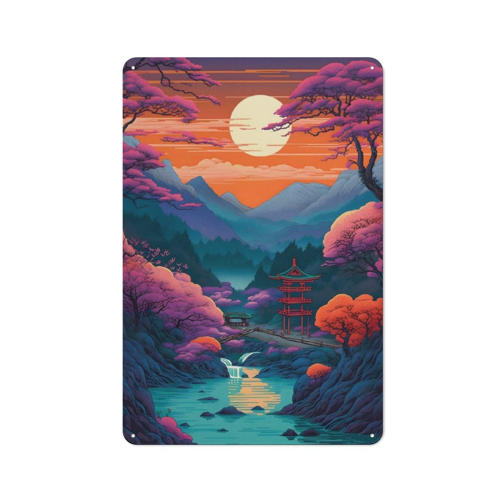 Junmoney Amazing Landscape Japan Rustic Tin Sign 30X20cm For Living Room Or Hallway, A Metal Wall Feature For Living Rooms And Hallways