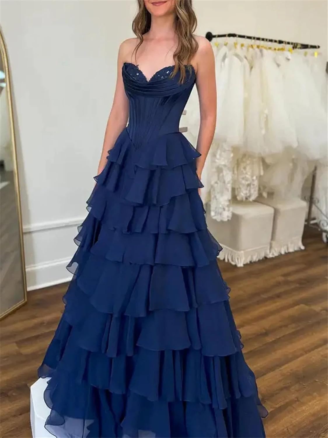 Women's Romantic Ruffled Patchwork Dress - Strapless Sleeveless High Waist Party Gown