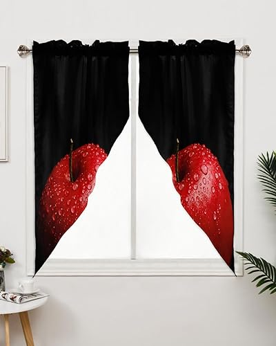 Cenefa de cortina con diseño de manzanas rojas de granja, bolsillo trasero negro, cenefas de cocina para ventana pequeña, gotas de agua de frutas en
