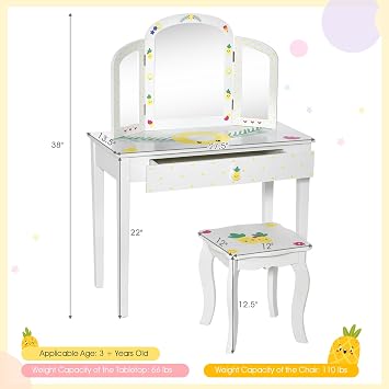 Costzon Kids Vanity, Girls Vanity Set with Tri-Folding Mirror, Stool, Storage Drawer, Princess Toddler Makeup Vanity Desk Dressing Table, Wooden Kids Vanity Table and Chair Set (Fruit Pattern)