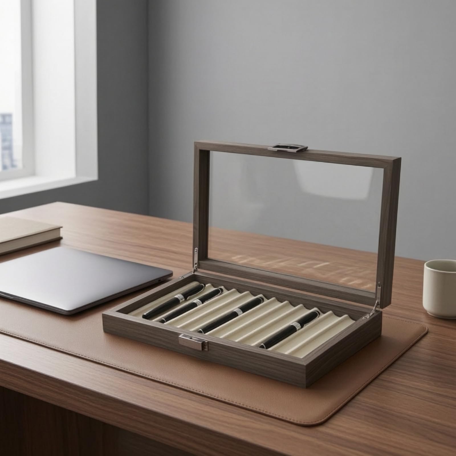 kowaku Pen Display Case Espositore Porta Penne Scatola Custodia in Legno con Finitura Venata Coperchio in Vetro Scomparti con Scanallature Antipolvere con Ganci Metallici Adatta a Studio , Noce Nero