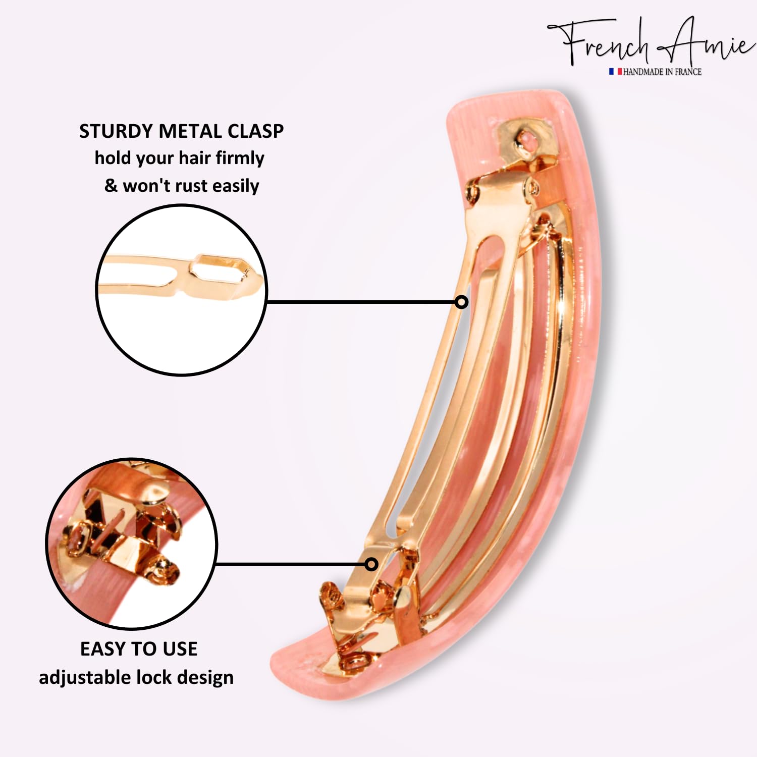 French Amie Curved Oblong Large Celluloid Acetate Handmade Volume Hair Clips No Slip Fashion Durable Styling Women Hair Accessories Girls Hair Barrette, Made in France (Light Pink) - Image 4