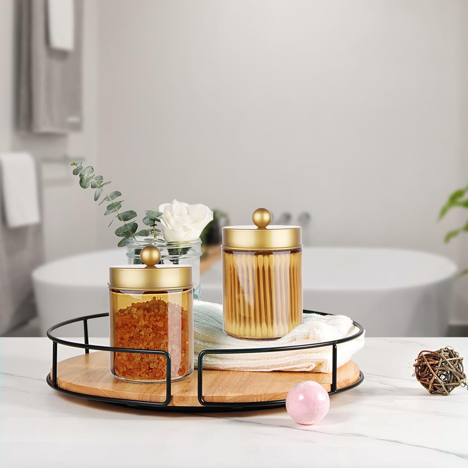 Amolliar 10 OZ Mason Jar Liquid Soap Dispenser, Stainless Steel Pump & Lid, Farmhouse Decor, Refillable Hand Soap Dispenser, Black 2 Pack with Bronze Glass Apothecary Jar Qtip Holder, Gold 4 Pack