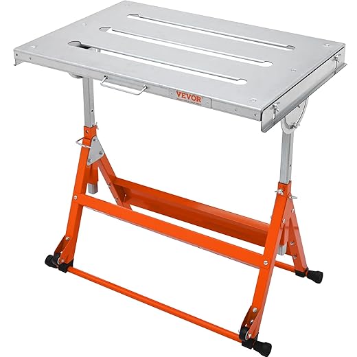 VEVOR Welding Table Foldable 30"x20", Welding Workbench Table 400lbs Load Capacity Steel on Wheels, Work Bench Adjustable Height with 3 Tilt Angles, Three 1.1" Slot, Retractable Guide Rails