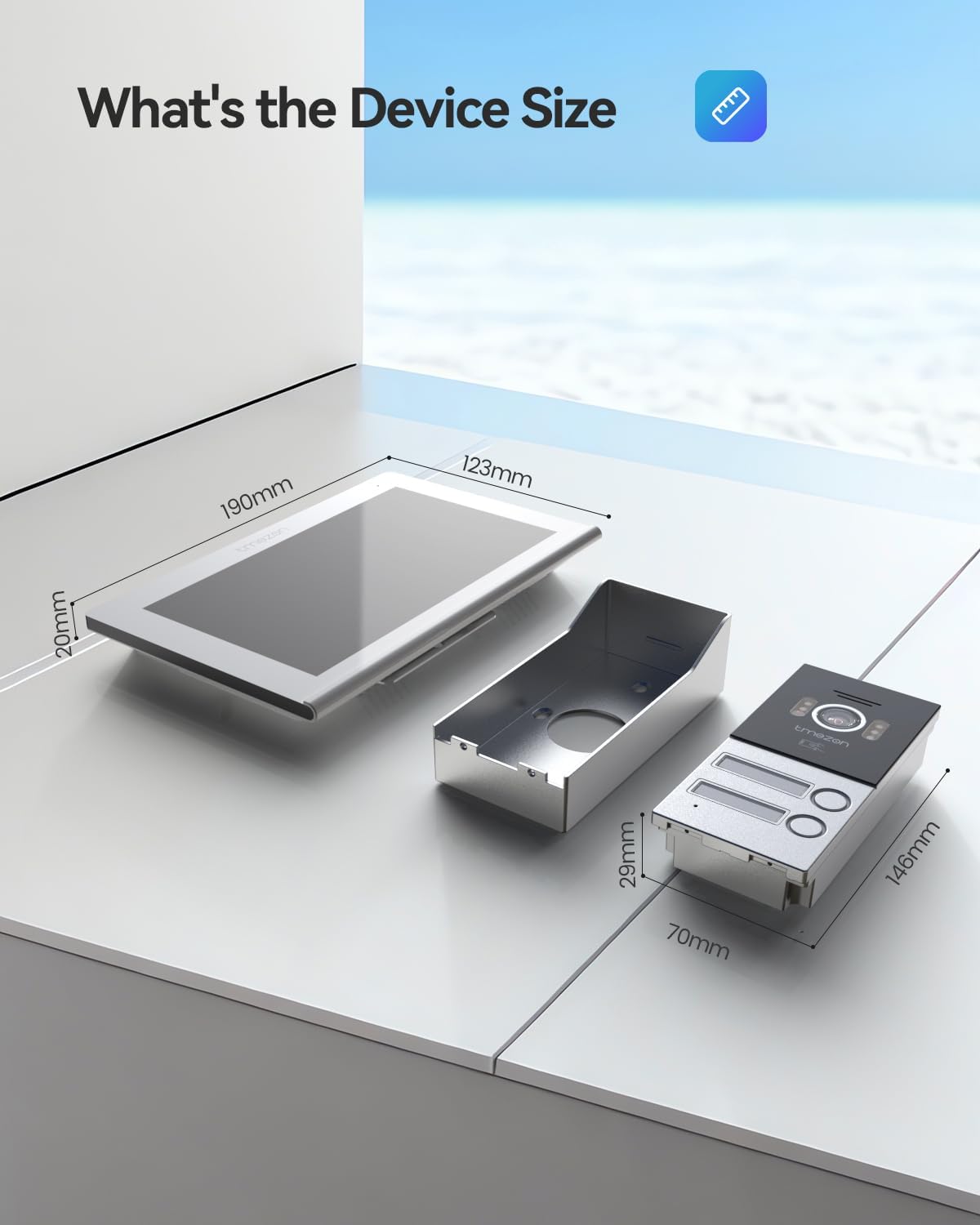 Diagram showing dimensions of the TMEZON indoor monitor and outdoor doorbell unit