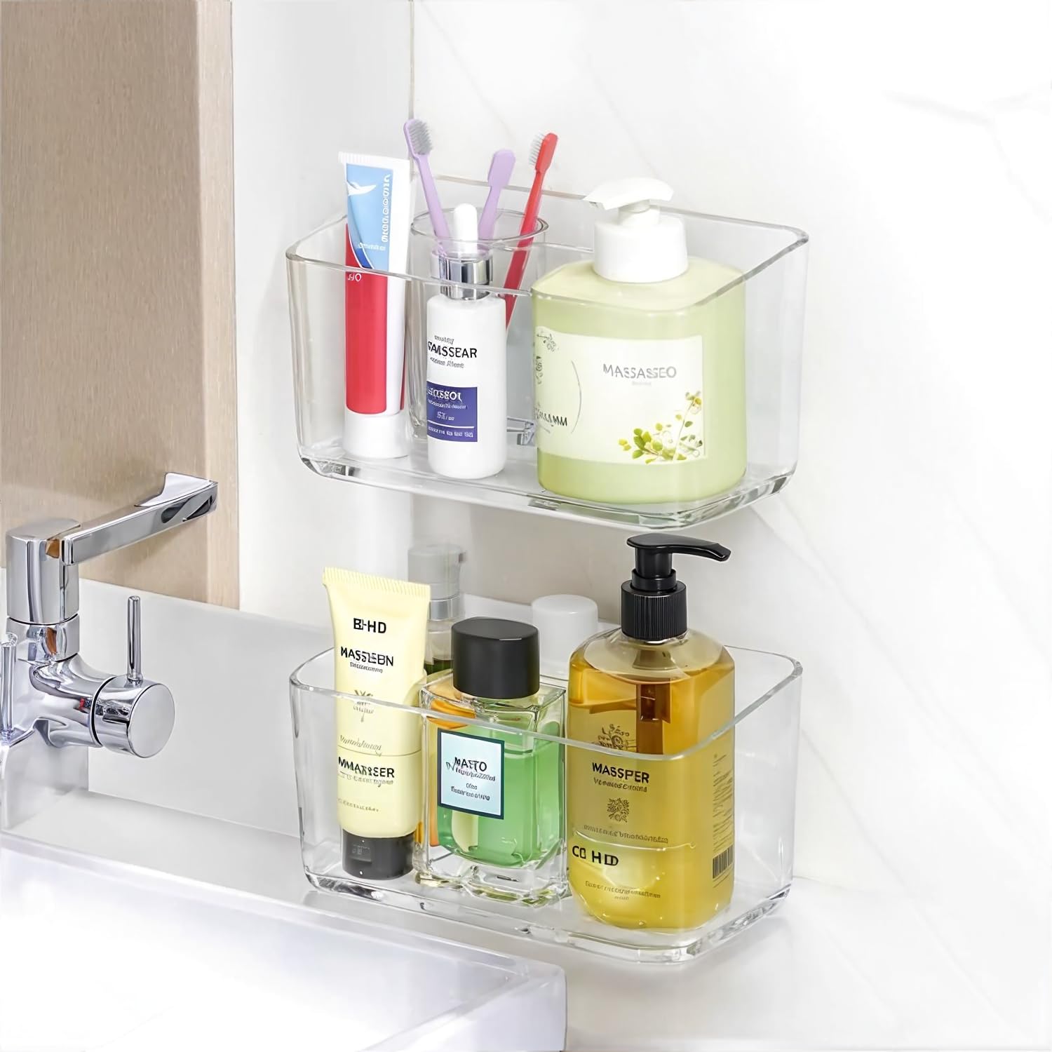 PAVSTINE 2 Pack Clear Shower Shelf, Adhesive Bathroom Shower Shelves, Wall Mounted Bathroom Shower Organizer, No Drill Shower Shelves with Self