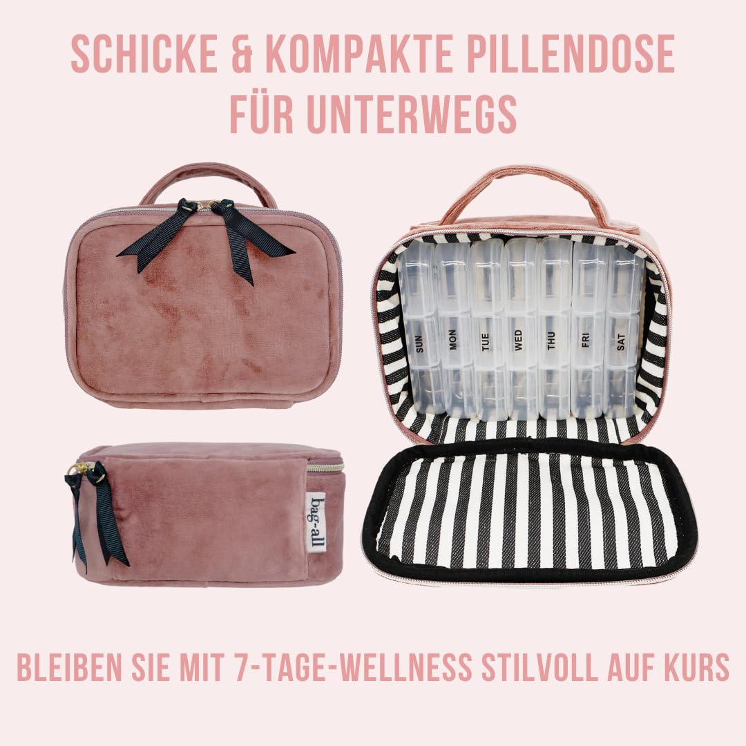 Bag-all Pill Pillenbox mit Wochendosierer | Tablettenbox mit Henkel und Reißverschluss | Reiseapotheke aus nachhaltigem Samt | Kompakter Medikamenten Organizer für unterwegs | Rosa Samt