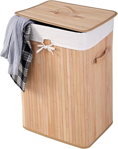 Vista 2 de GOFLAME Cesta portátil de bambú para ropa sucia, cesta de almacenamiento de ropa sucia con tapa y forro extraíble, gran contenedor de ropa con asas