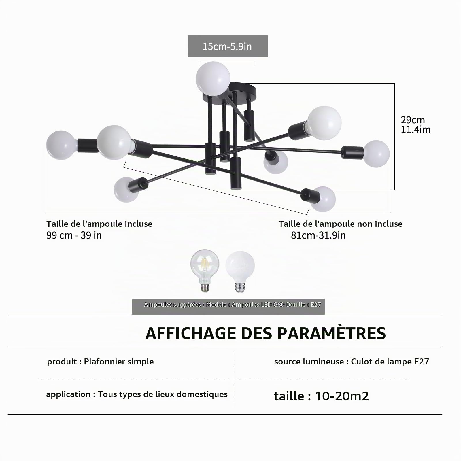 Moderne Noir Lustre Plafonnier 8 Lumières Style Industriel | Luminaire Plafond Design Sputnik pour Salon, Chambre, Salle à Manger, Cuisine, 87 cm