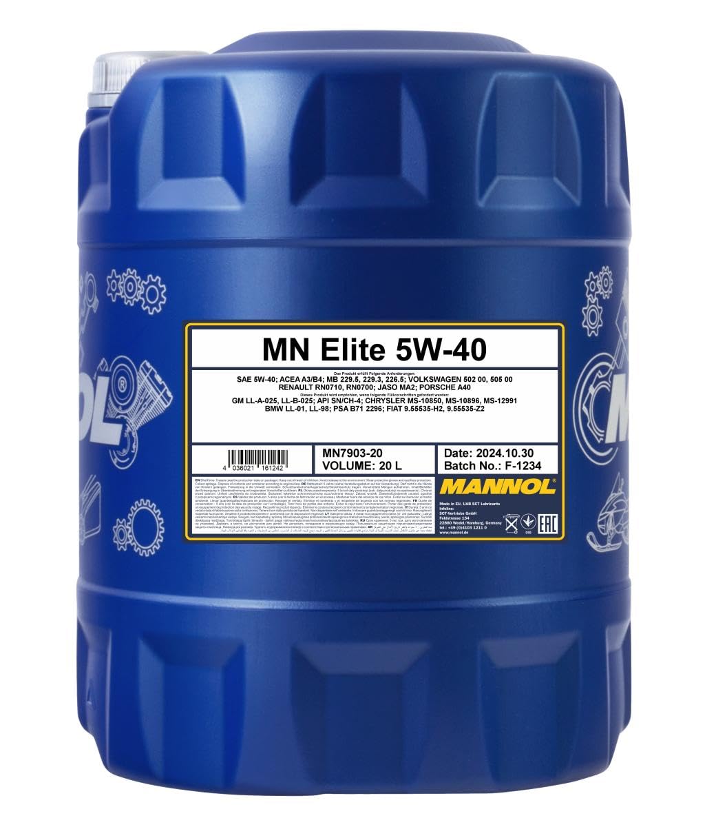 MANNOL Aceite de motor 5W-40 ACEA A3/B4 API SN API CH-4 Elite 20L Compatible con VW Polo V Hatchback 6R1, 6C1 up! Hatchback 121, 122, BL1, BL2, BL3, 123 Golf 7 Hatchback 5G1, BQ1, BE1, BE2, PEUGEOT