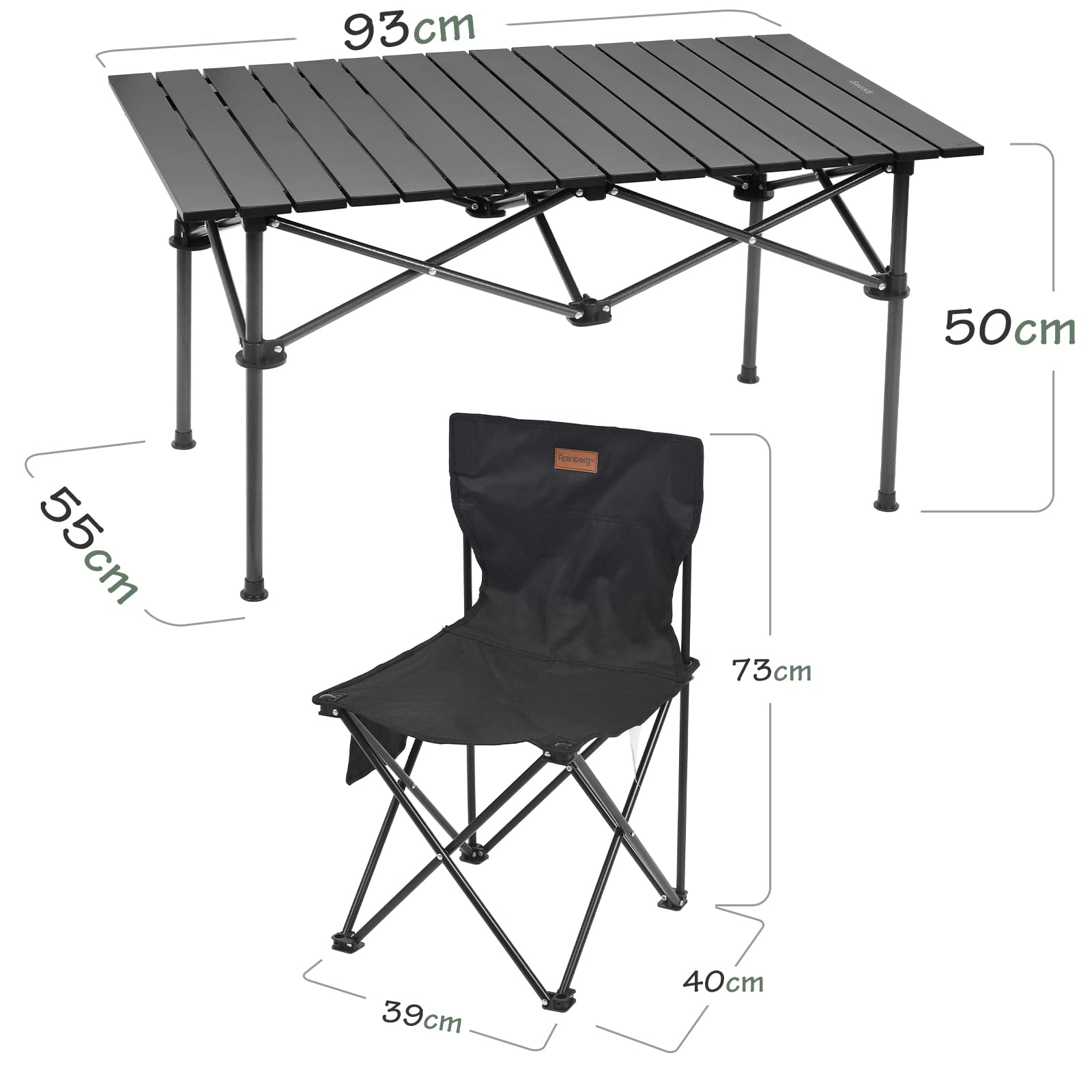 Rainberg Tavolo da campeggio pieghevole con 4 sedie, per uso esterno e interno, per barbecue, picnic, feste in giardino, design portatile pieghevole (tavolo con 4 sedie, nero)