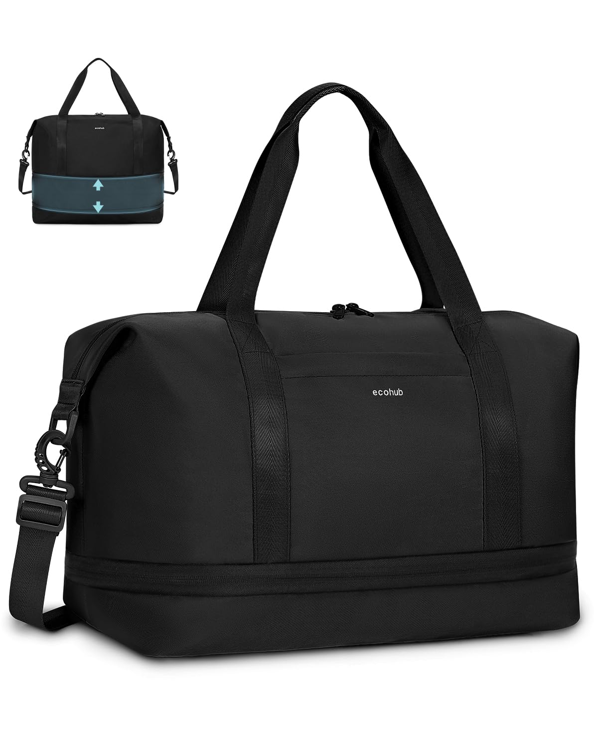 ECOHUB Extensible Sac de Voyage Femme, Bagage Cabine 40x30x20, Ryanair Sacs Cabine Avion avec Pochette Humide Amovible, Sac Weekend Maternité, Pet Recyclé Petit Bagage à Main, Noir, 20L-28L