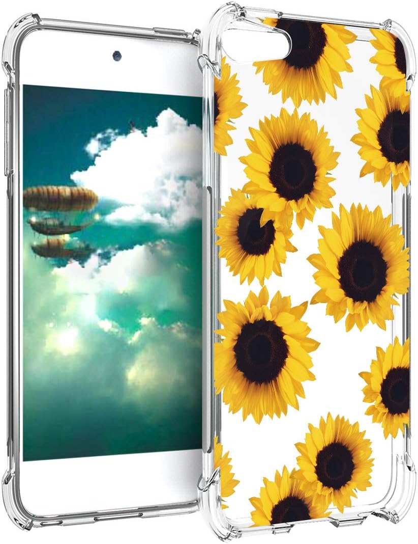 for iPod Touch 7 Case, Touch 6 Case with Flowers, Shockproof Clear Floral Soft Flexible TPU Slim Phone Cover for iPod Touch 5/6/7th Generation Sunflower